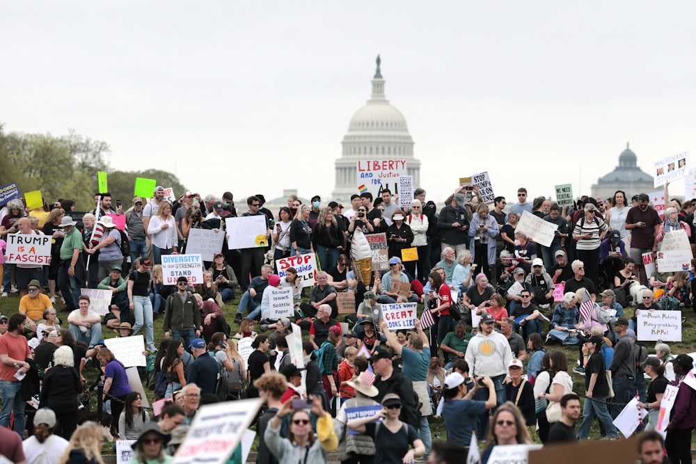 Protesters attend a "Hands Off" rally to demonstrate against U.S. President Donald Trump on the National Mall on April 5, 2025 in Washington, D.C.