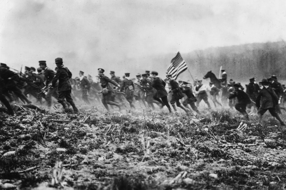 American troops preparing for WWI on a mock battlefield in 1917.
