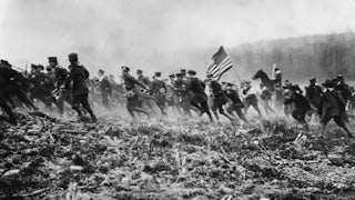 American troops preparing for WWI on a mock battlefield in 1917.
