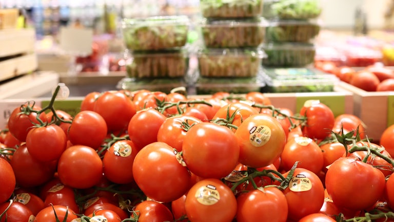 Tomatoes sit in a bin with packaged greens behind them.