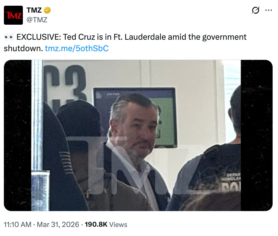 Screenshot X TMZ @TMZ 👀 EXCLUSIVE: Ted Cruz is in Ft. Lauderdale amid the government shutdown. http://tmz.me/5othSbC