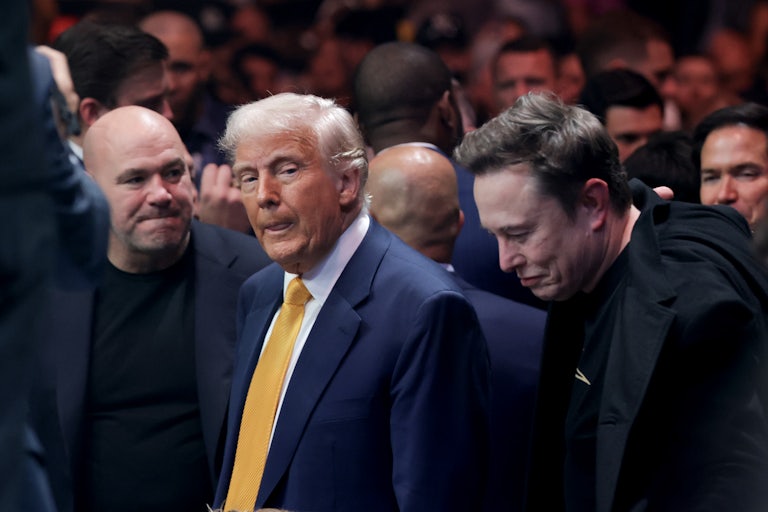 Elon Musk bends his head slightly while Donald Trump licks his llips. They are standing in a crowd at the Ultimate Fighting Championship.