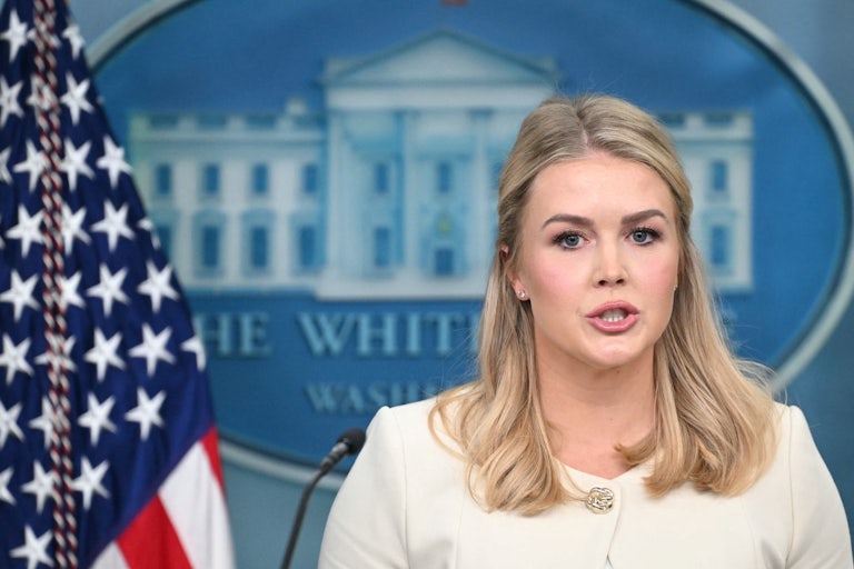 Karoline Leavitt speaks to reporters during a White House press briefing