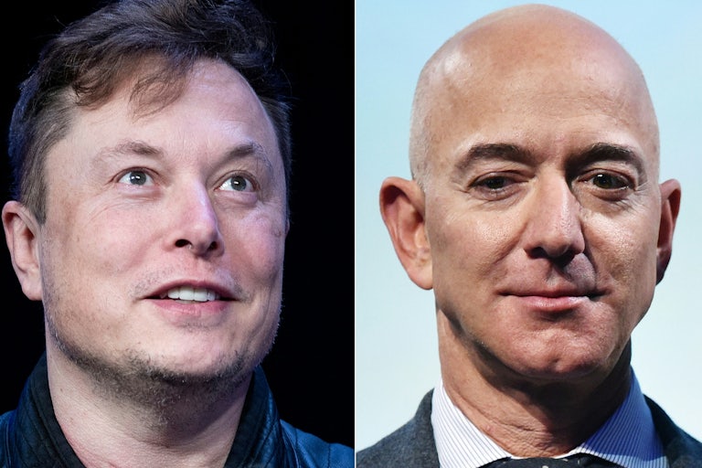Splitscreen of Elon Musk and Jeff Bezos