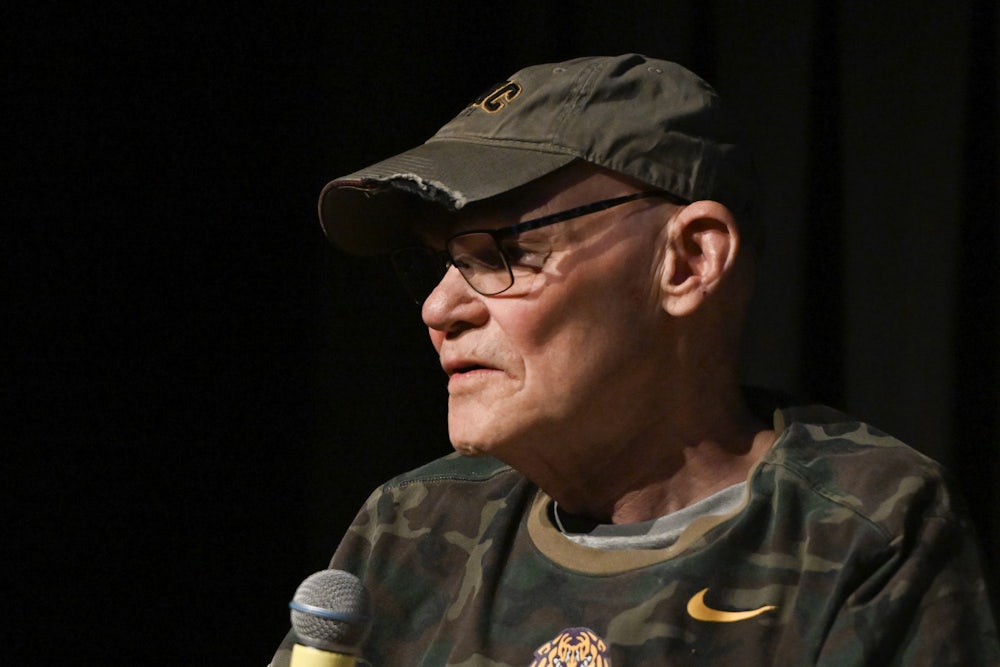 James Carville speaks into mic