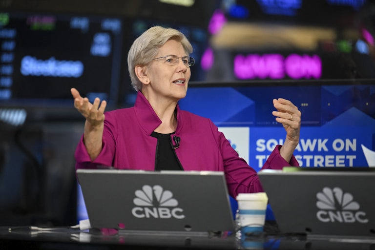 Senator Elizabeth Warren gestures while speaking during a CNBC interview