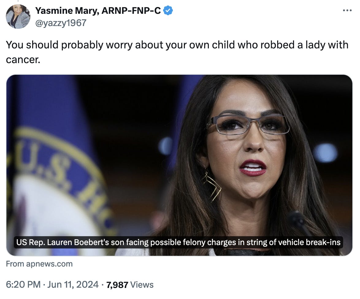 Twitter screenshot linking to an AP article with the caption: "You should probably worry about your own child who robbed a lady with cancer."