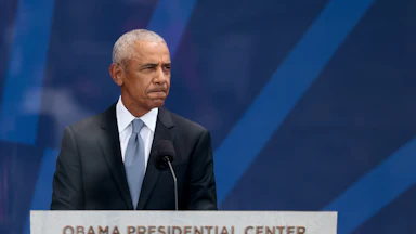 Former President Barack Obama speaks during the opening of the Obama Presidential Center