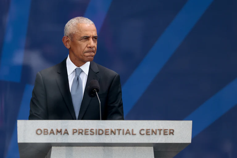 Former President Barack Obama speaks during the opening of the Obama Presidential Center