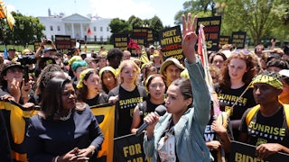 Cori Bush and Alexandria Ocasio-Cortez stand with protesters in front of the White House.