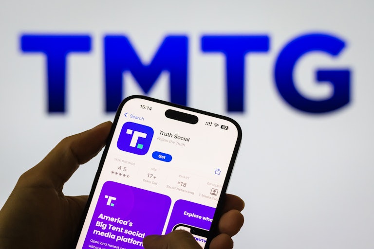 A phone screen displays the App Store page for Truth Social