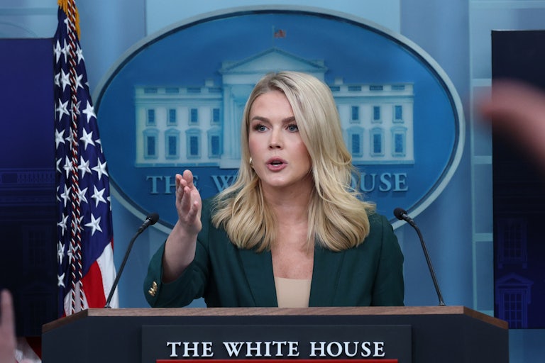 White House press secretary Karoline Leavitt gives a press conference in the press briefing room.
