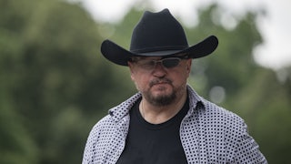 Oath Keepers leader Stewart Rhodes stands at a press conference in Washington, D.C.