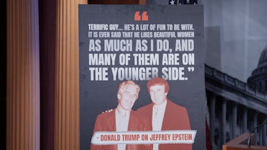 Sign with Trump quote about Epstein: "Terrific guy... He's a lot of fun to be with. It is even said that he likes beautiful women as much as I do, and many of them are on the younger side." Old photo of the two of them smiling.