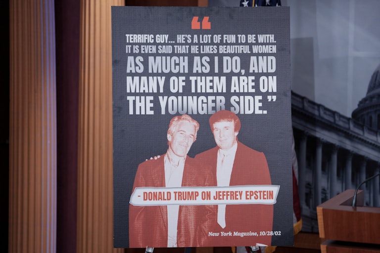 Sign with Trump quote about Epstein: "Terrific guy... He's a lot of fun to be with. It is even said that he likes beautiful women as much as I do, and many of them are on the younger side." Old photo of the two of them smiling.