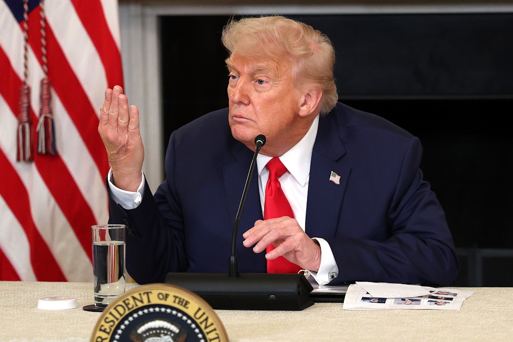 Donald Trump delivers remarks at the Invest America Roundtable in the State Dinning room at the White House.