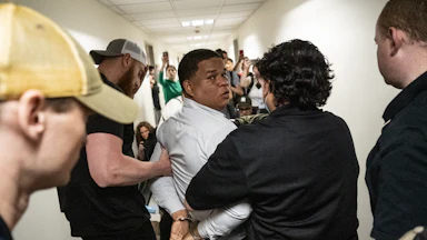 An immigrant is detained by ICE agents as he exits an immigration courtroom hearing at the Jacob K. Javits Federal Building on June 6, 2025 in New York City.