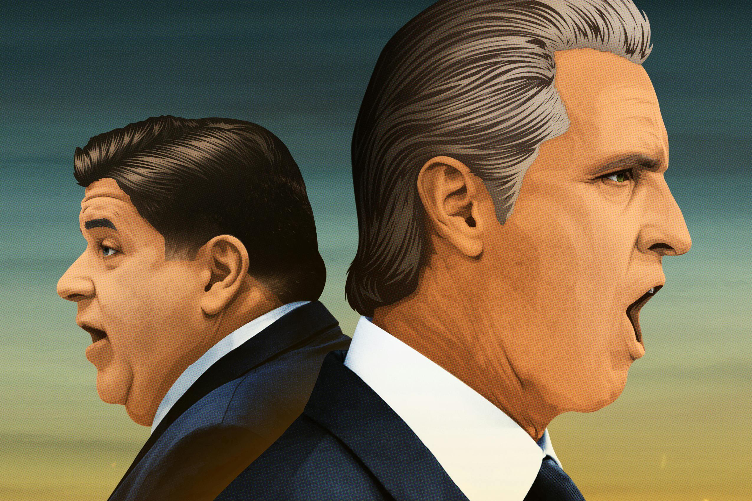 Illustration showing profile portraits of J. B. Pritzker and Gavin Newsom facing away from each other.