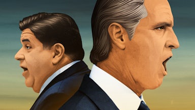 Illustration showing profile portraits of J. B. Pritzker and Gavin Newsom facing away from each other.