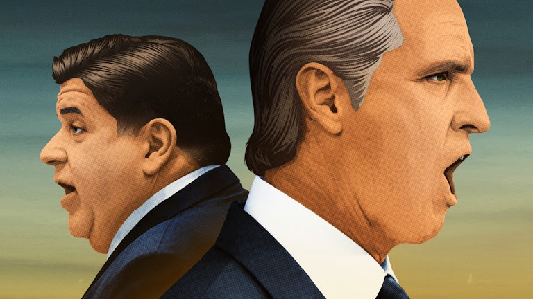 Illustration showing profile portraits of J. B. Pritzker and Gavin Newsom facing away from each other.