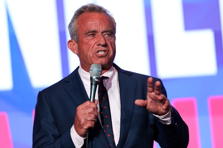 Robert F. Kennedy Jr. speaks into a microphone