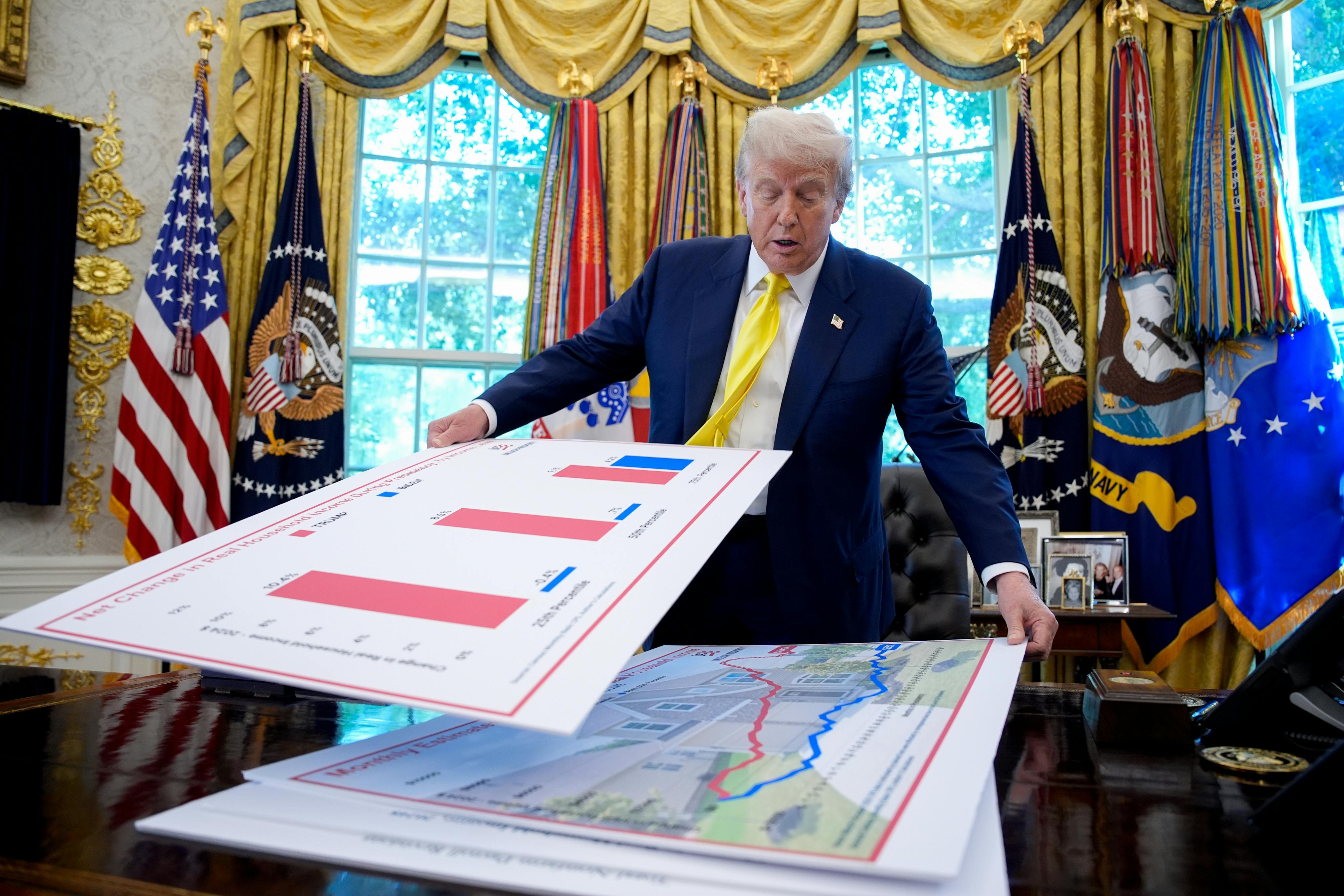 Donald Trump moves charts in the Oval Office of the White House in Washigton, D.C.