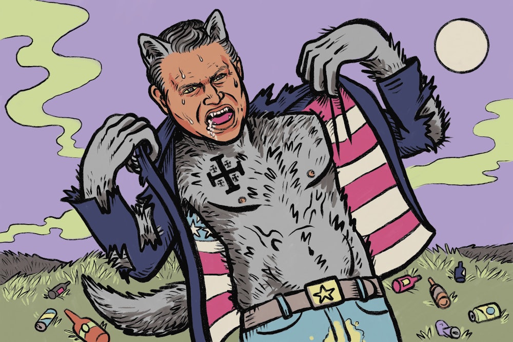 Illustration of Pete Hegseth depicted as a werewolf