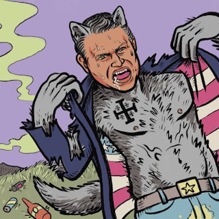 Illustration of Pete Hegseth depicted as a werewolf