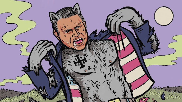 Illustration of Pete Hegseth depicted as a werewolf