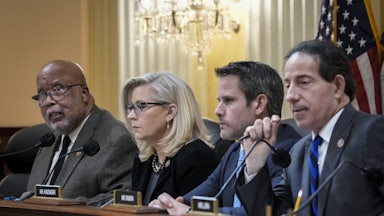 Rep. Bennie Thompson, the chair of the January 6 Committee, is flanked by fellow committee members Liz Cheney, Adam Kinzinger, and Jamie Raskin.