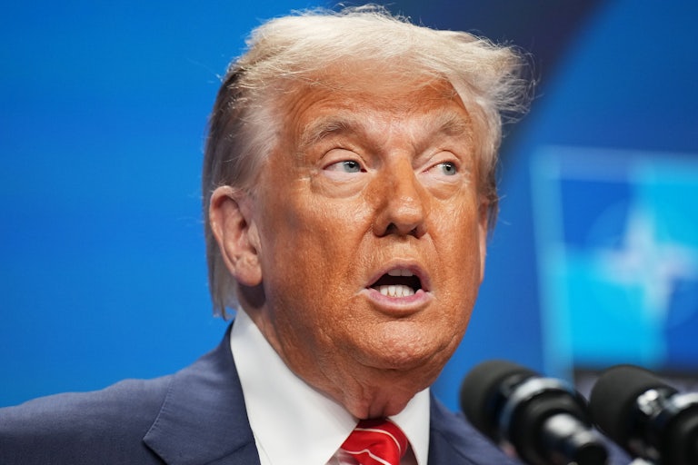 Donald Trump speaks into microphones