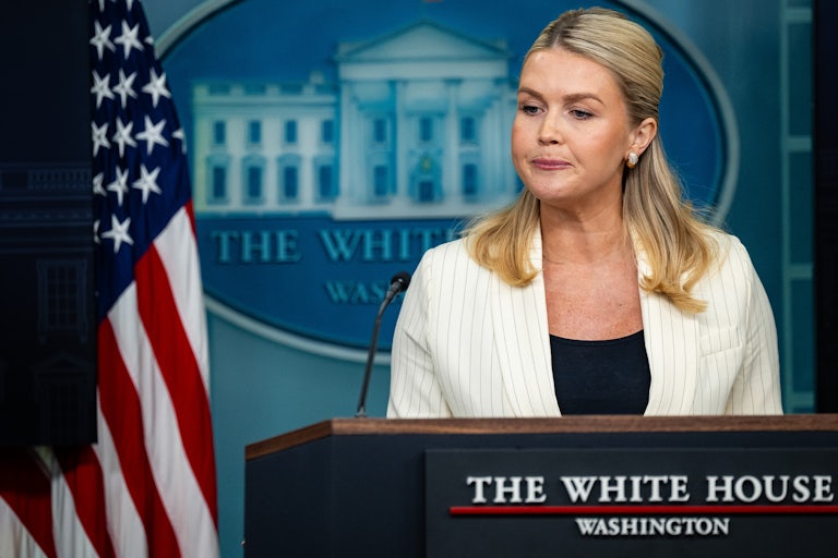 Karoline Leavitt presses her lips together while standing at the podium in the White House press briefing room
