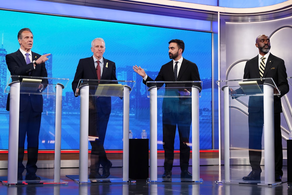 Andrew Cuomo, Whitney Tilson, Zohran Mamdani, and Michael Blake during a mayoral Democratic primary debate in New York on Wednesday, June 4, 2025.