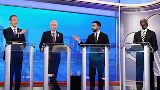 Andrew Cuomo, Whitney Tilson, Zohran Mamdani, and Michael Blake during a mayoral Democratic primary debate in New York on Wednesday, June 4, 2025.