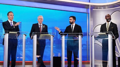 Andrew Cuomo, Whitney Tilson, Zohran Mamdani, and Michael Blake during a mayoral Democratic primary debate in New York on Wednesday, June 4, 2025.