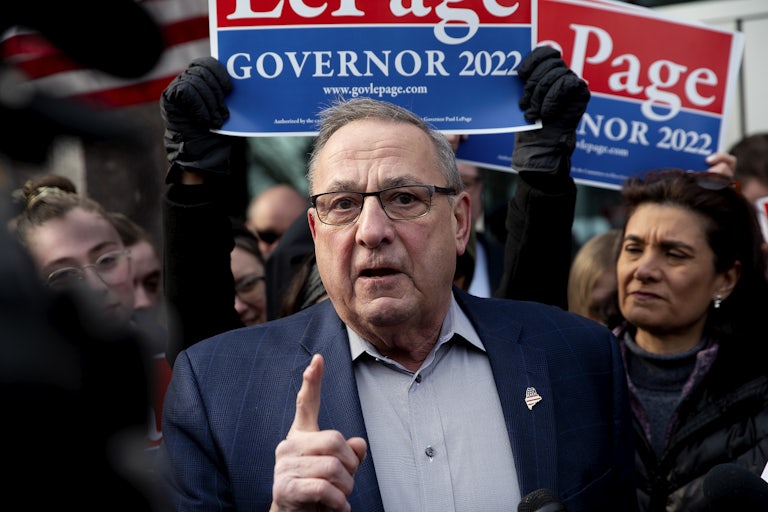 Former Maine Governor Paul LePage speaks at a campaign rally.