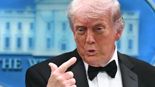 President Donald Trump points to himself while speaking in the White House briefing room