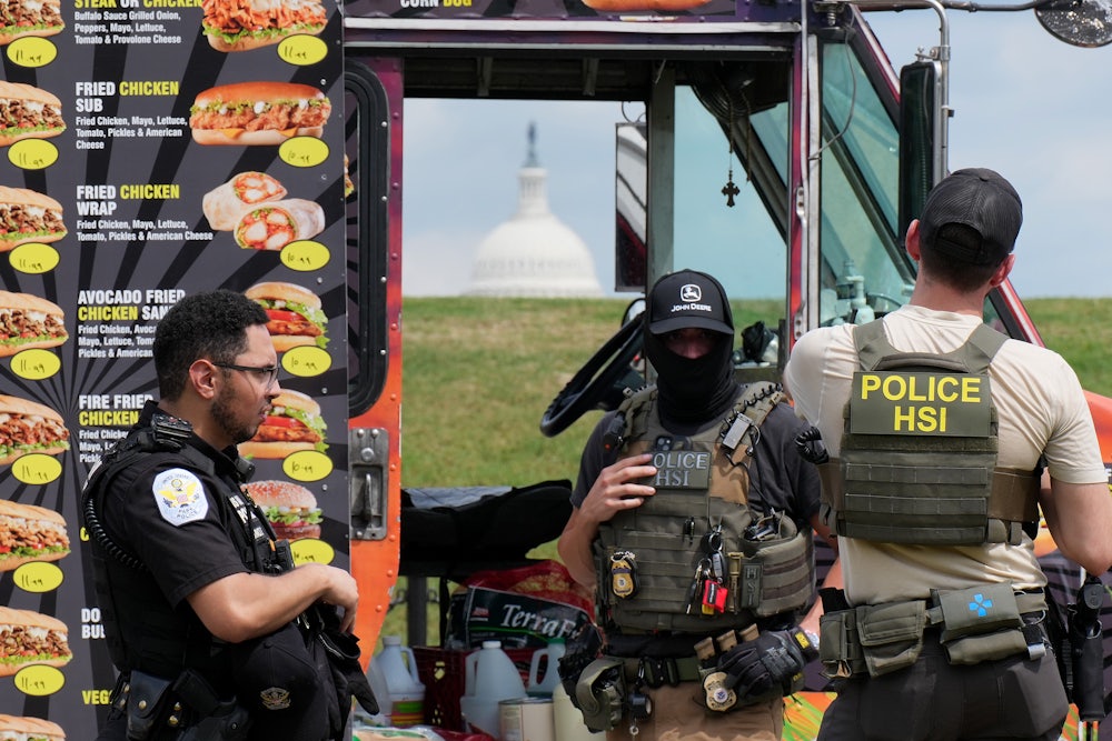 On August 13, officers from Homeland Security Investigations, the investigative arm of the U.S. Department of Homeland Security, and U.S. Park Police officers inspected a vendor’s truck after detaining somebody on the National Mall in Washington, D.C.