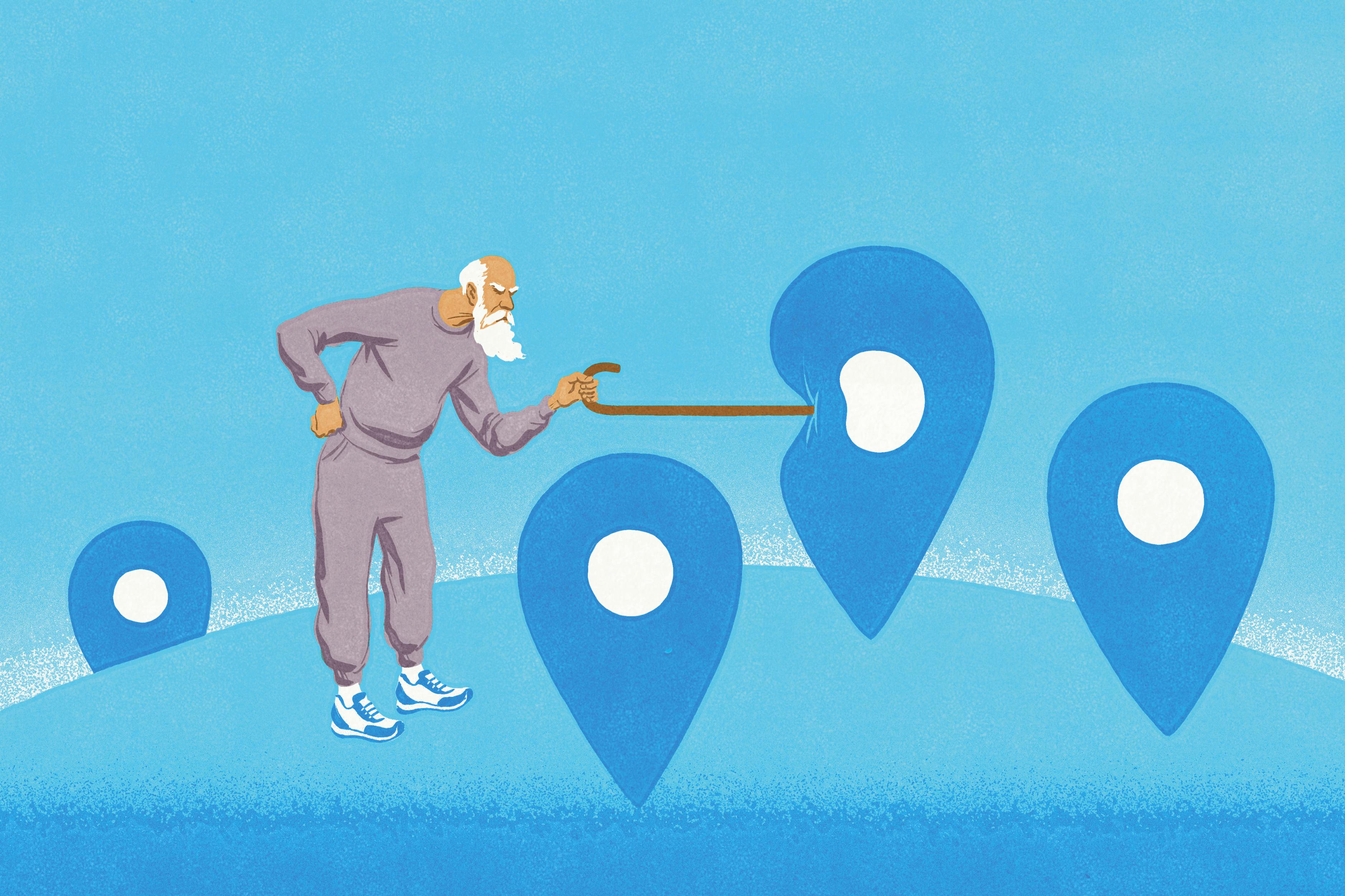 An elderly person is poking a locator, which represents a Blue Zone certification