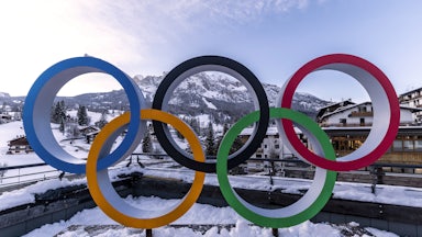 Olympics logo in the snow outdoors
