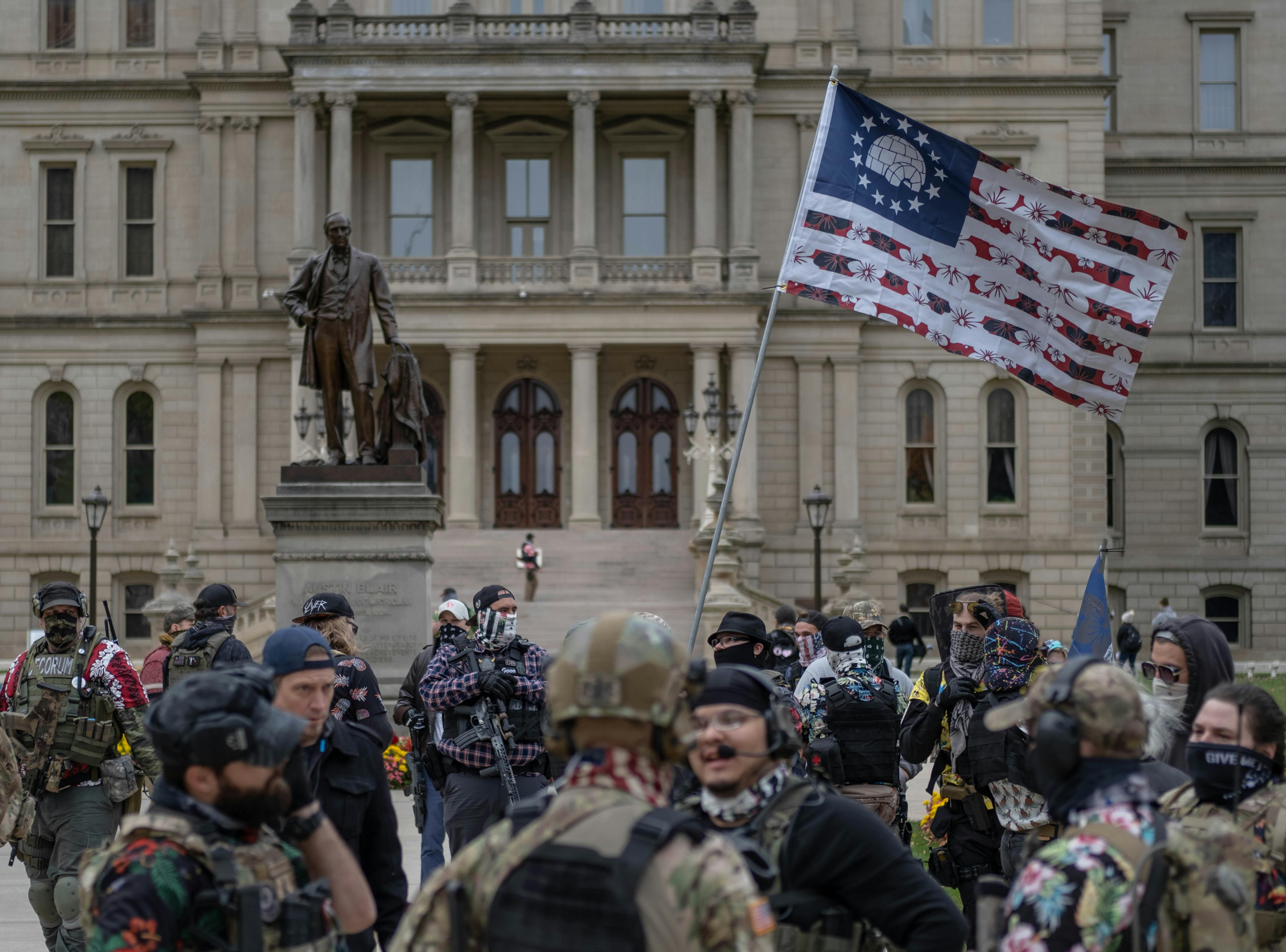 The Boogaloo Boys hold a rally at the Capitol Building in Lansing, Michigan