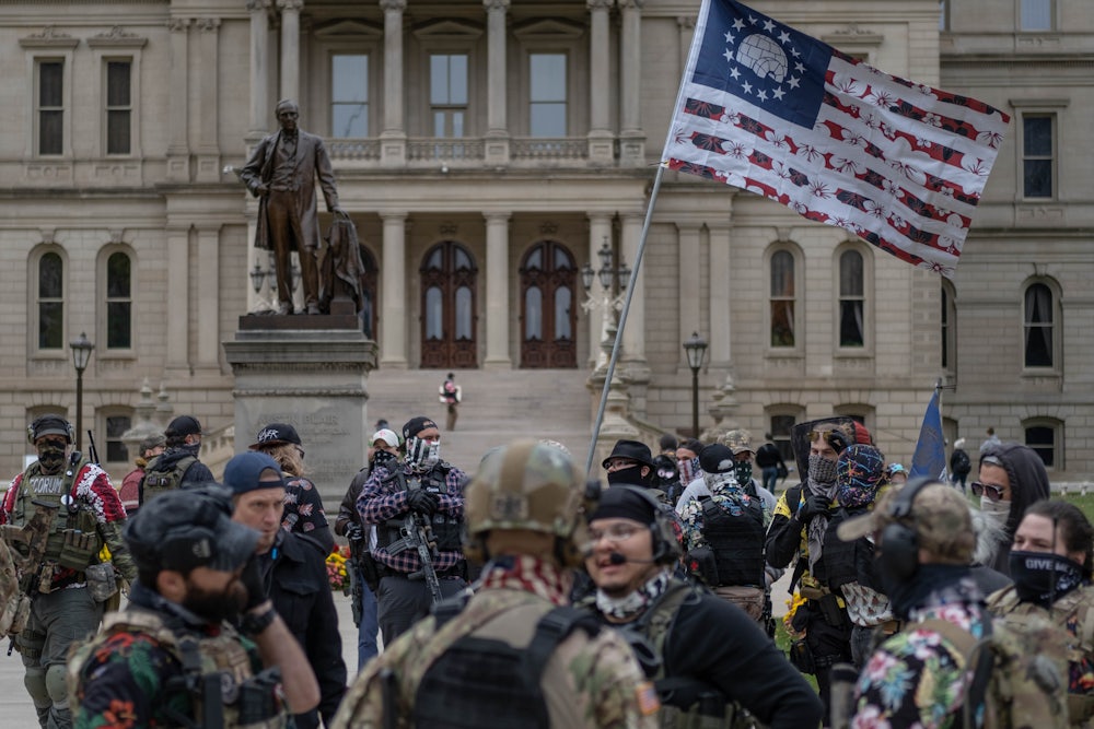 The Boogaloo Boys hold a rally at the Capitol Building in Lansing, Michigan