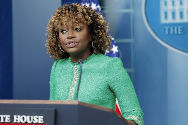 Karine Jean-Pierre speaks at the podium during a White House press conference