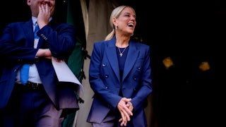 U.S. Attorney General Pam Bondi arrives for a television interview outside the West Wing of the White House.
