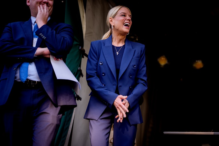 U.S. Attorney General Pam Bondi arrives for a television interview outside the West Wing of the White House.
