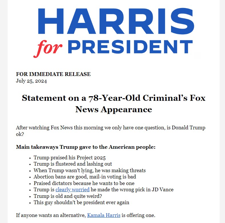 Kamala Harris press release with the headline: "Statement on a 78-Year-Old Criminal's Fox News Appearance"