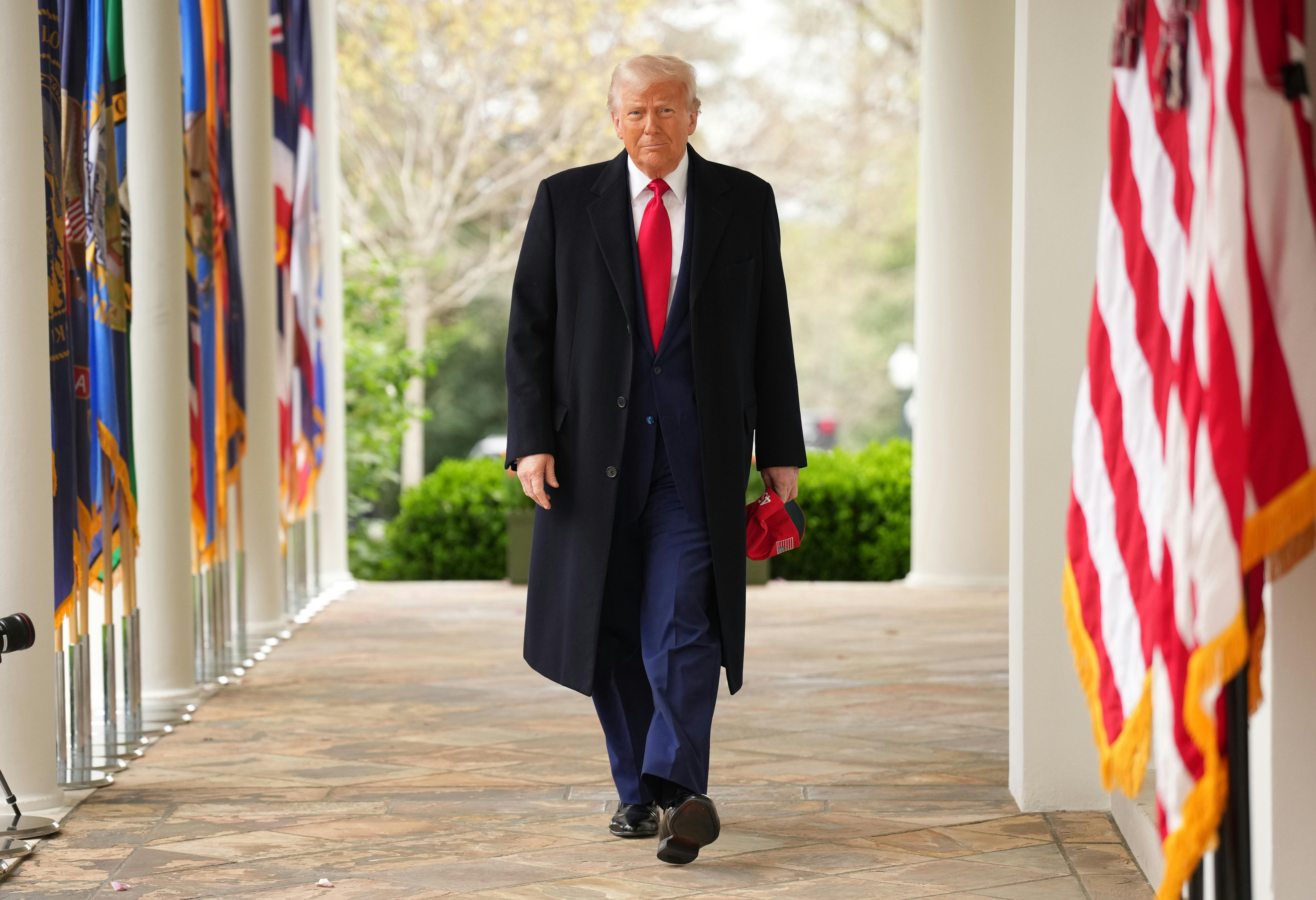 President Donald Trump arrives to speak during a “Make America Wealthy Again” trade announcement event.