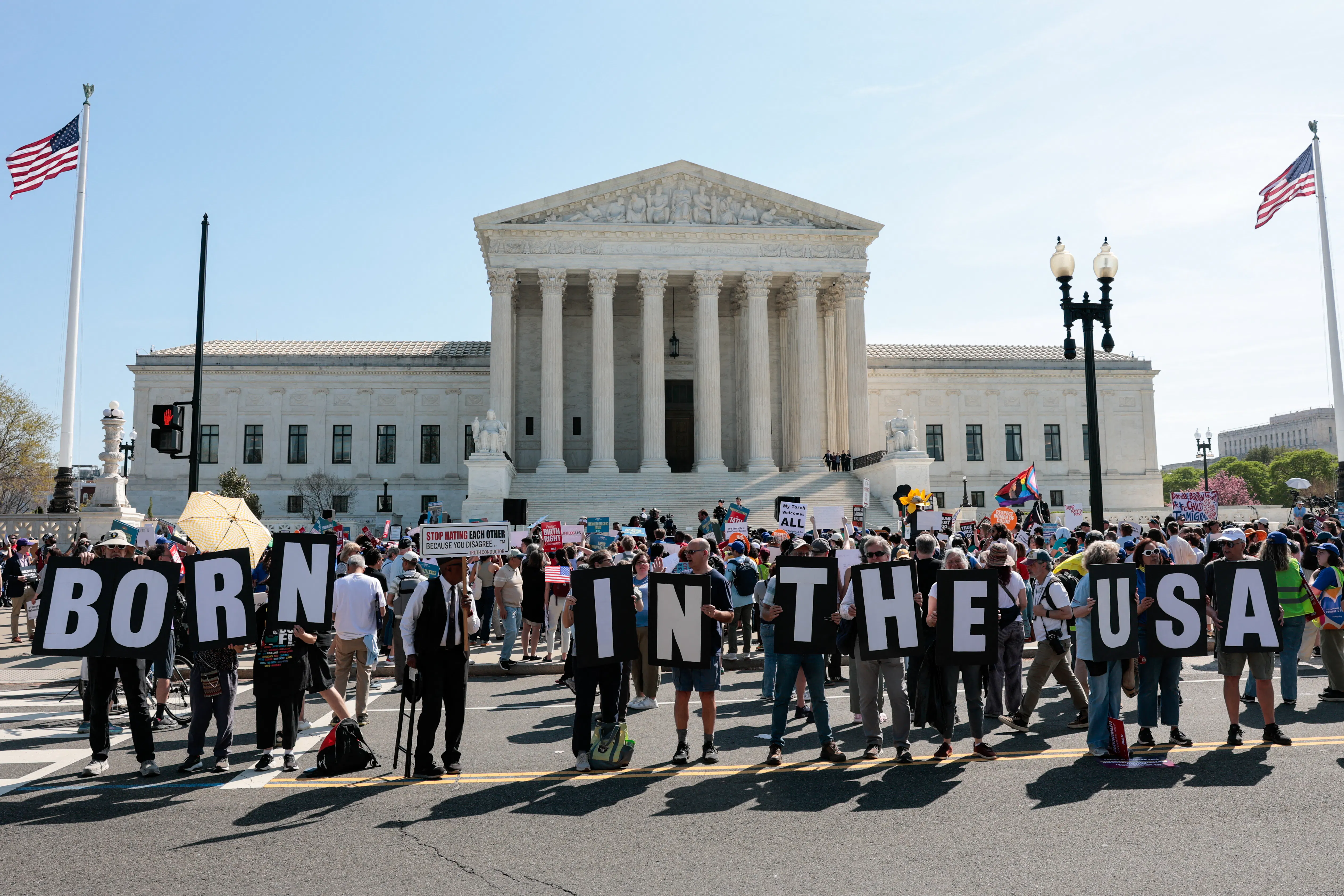 Demonstrators rally in support of birthright citizenship outside the U.S. Supreme Court.