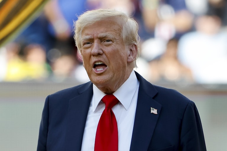Donald Trump speaks while at the FIFA World Cup