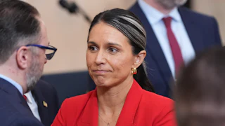 Director of National Intelligence Tulsi Gabbard stands with her lips pressed together